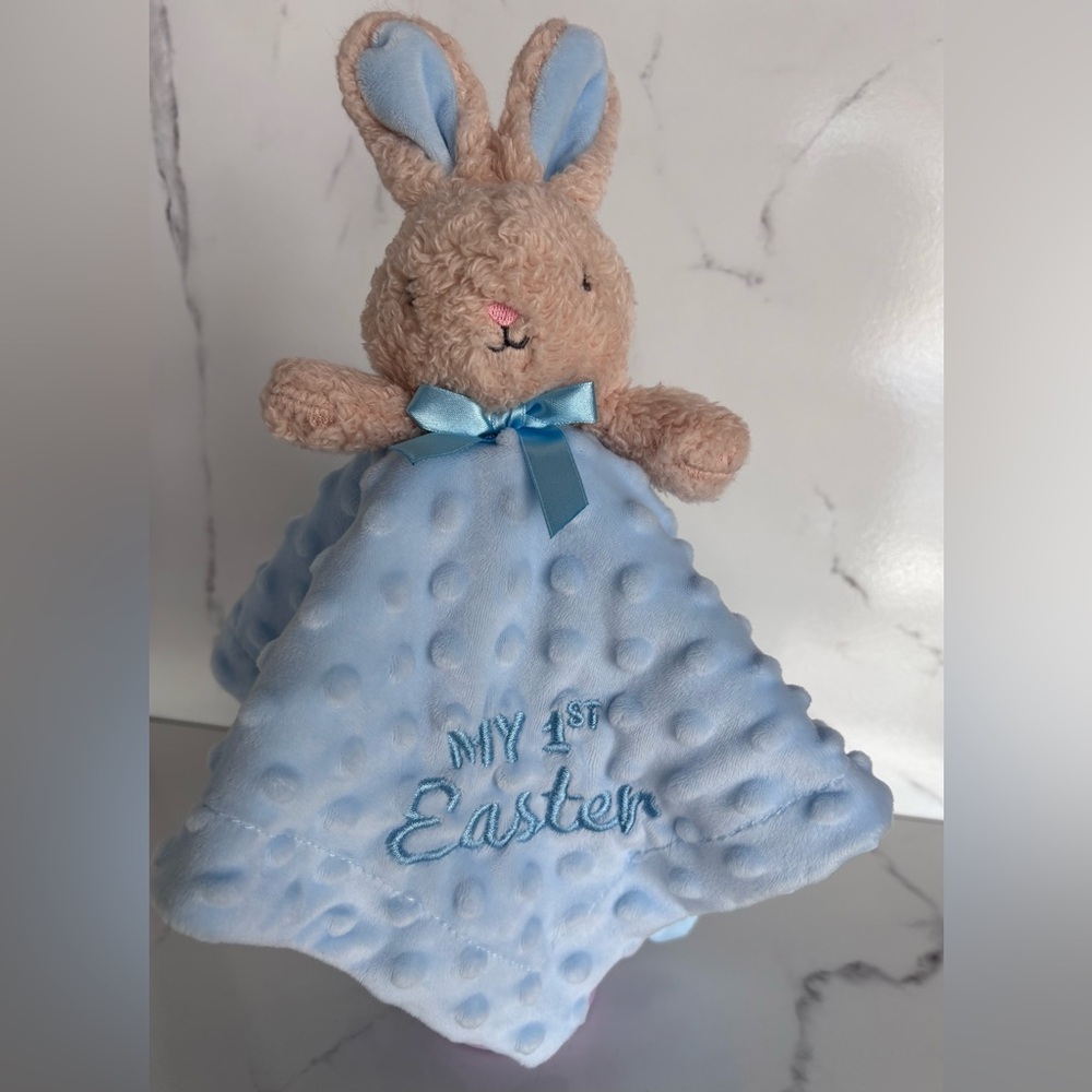 My 1st Easter Bunny Blue Baby Lovey Security Blanket Rattle Walmart textured dot